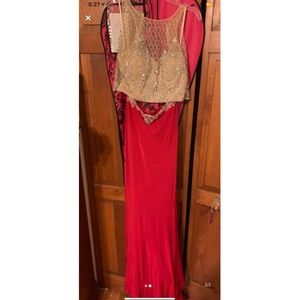 Red and gold two piece prom dress